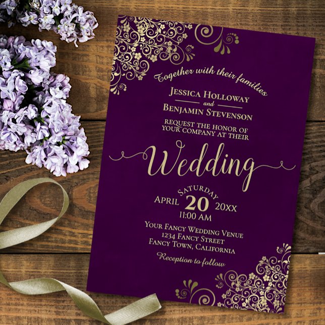 Plum Lila Elegant Lacy Guld Calligraphy Bröllop Inbjudningar (Skapare uppladdad)