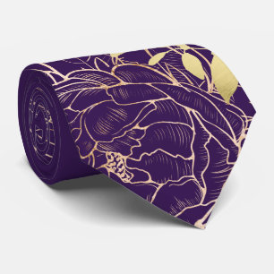 Plum Lila Faux Guld Peony Modern Blommigt Bröllop Slips