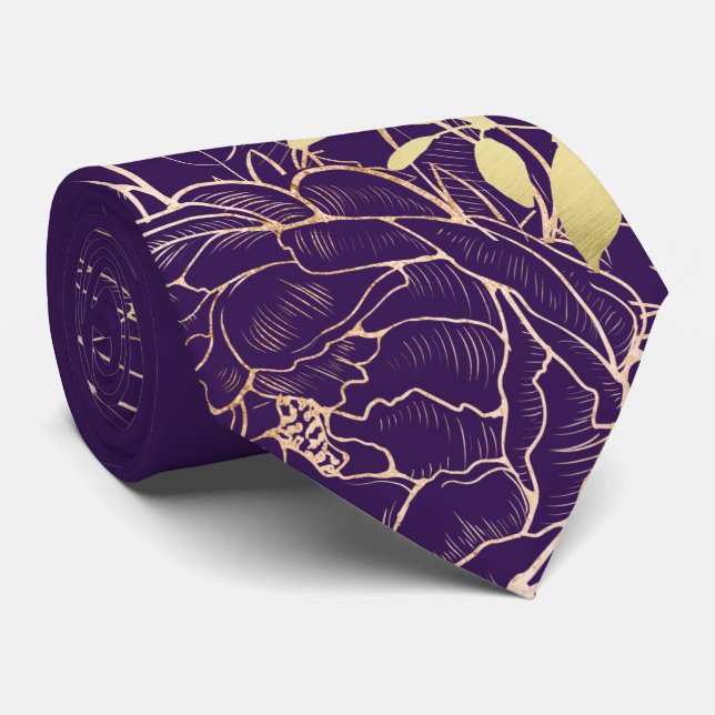 Plum Lila Faux Guld Peony Modern Blommigt Bröllop Slips (Rullad)