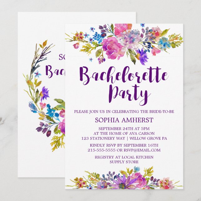 Plum Lila Garden Bachelorette-partiets inbjudan (Fram/baksida)