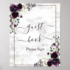 Plum Lila Guld Blommigt Marble Guest Bok-tecken Poster