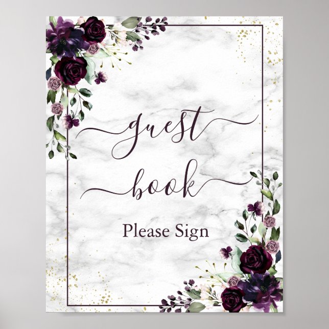 Plum Lila Guld Blommigt Marble Guest Bok-tecken Poster (Framsidan)