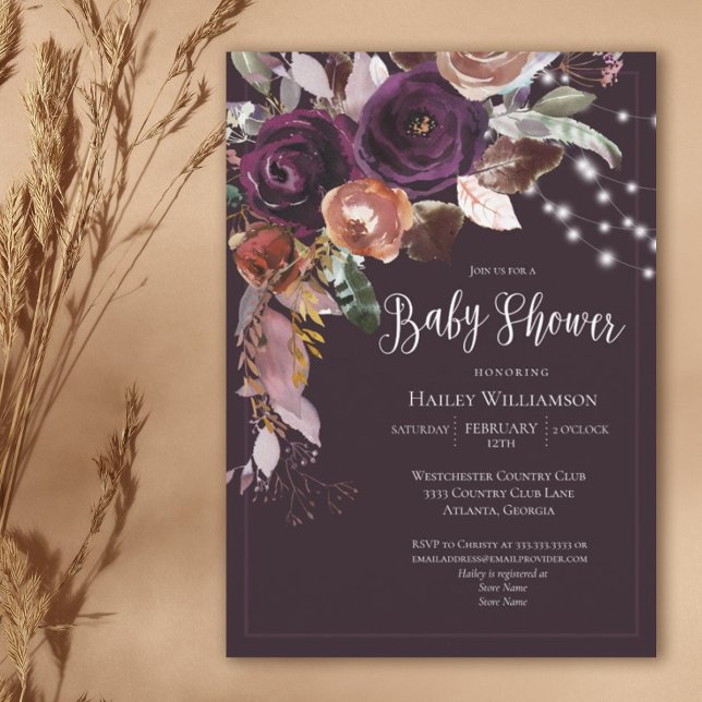 Plum, Lila, Guld Blommigt String Light Baby Shower Inbjudningar (Skapare uppladdad)