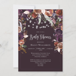 Plum, Lila, Guld Blommigt String Light Baby Shower Inbjudningar