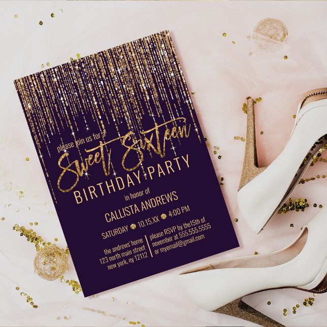 Plum Lila Guld Glitter Fringe Curtain Sweet 16 Inbjudningar (Skapare uppladdad)