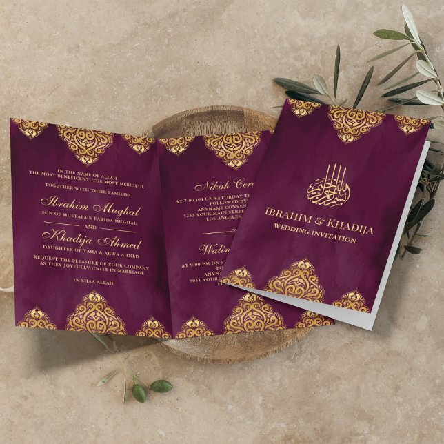 Plum Lila Guld Islamic Motif Muslim Bröllop Inbjudan (Skapare uppladdad)