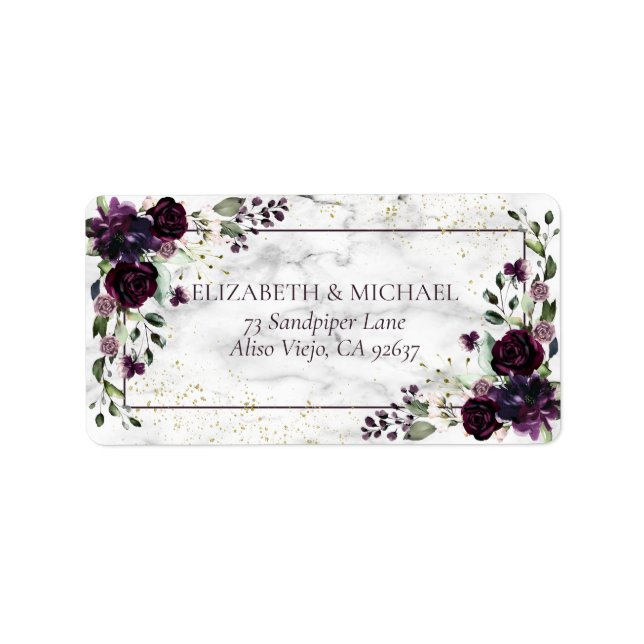 Plum Lila Guld Marble Fall Wedding Adress Adressetikett (Framsidan)