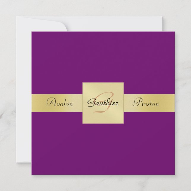 Plum Lila Guld Metall Monogram Formell inbjudan (Framsida)