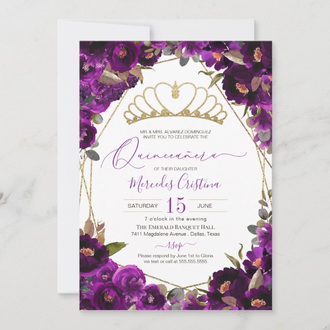 Plum Lila Guld Watercolor Blommigt Quinceañera Inbjudningar (Framsida)