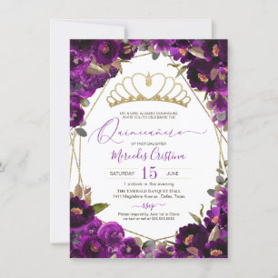 Plum Lila Guld Watercolor Blommigt Quinceañera Inv Inbjudningar