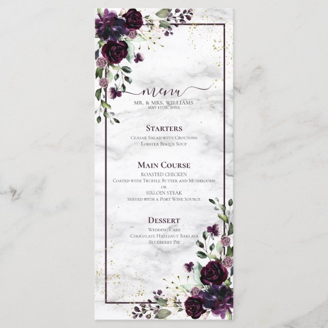 Plum Lila Guld Watercolor Marble Bröllop Meny (Framsida)