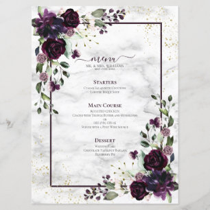 Plum Lila Guld Watercolor Marble Bröllop Meny