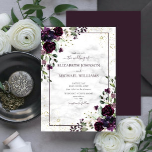 Plum Lila Guld Watercolor Marble infaller bröllope Inbjudningar
