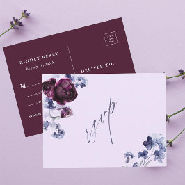 Plum Lila & Indigo Blue Blommigt Bröllop OSA Vykort