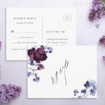 Plum Lila & Indigo Blue Blommigt Bröllop OSA Vykort<br><div class="desc">Det här bröllopet OSA har en vattenfärgad bukett med plommonpeonier för lila och indigo blåa blommor med kalligrafi för snyggt. Om du vill ha en mer avancerad anpassning av den här designen klickar du på UTTON VERKTYG. Matchande objekt är också tillgängliga.</div>