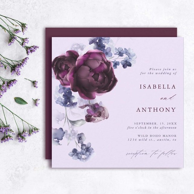 Plum Lila & Indigo Blue Blommigt Bröllop Square Inbjudningar (Skapare uppladdad)