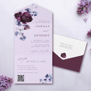 Plum Lila & Indigo Blue Elegant Blommigt Bröllop