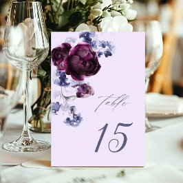 Plum Lila & Indigo Blue Elegant Blommigt Bröllop Bordsnummer