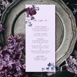 Plum Lila & Indigo Blue Elegant Blommigt Bröllop Meny<br><div class="desc">Den här bröllop-menyn har en vattenfärgad bukett med plommonpeonier för lila och indigo blåa blommor med snyggt-kalligrafi på lavendelbakgrund. Om du vill ha en mer avancerad anpassning av den här designen klickar du på UTTON VERKTYG. Matchande objekt är också tillgängliga.</div>