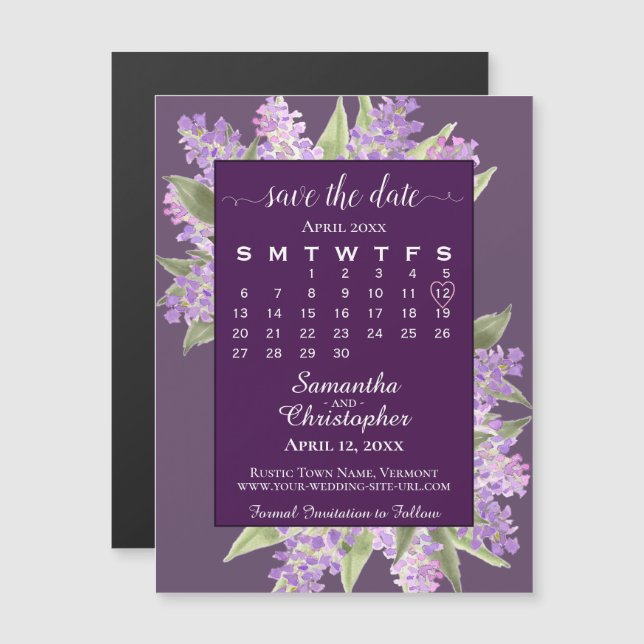 Plum Lila Lilacs Bröllop spara datum Calendar Magnetisk Inbjudningskort (Fram/baksida)