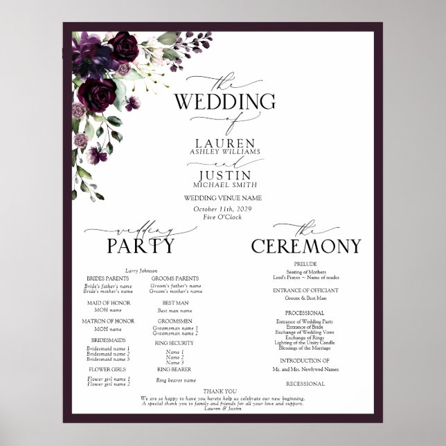 Plum Lila Mauve Blommigt Watercolor Program Poster (Framsidan)