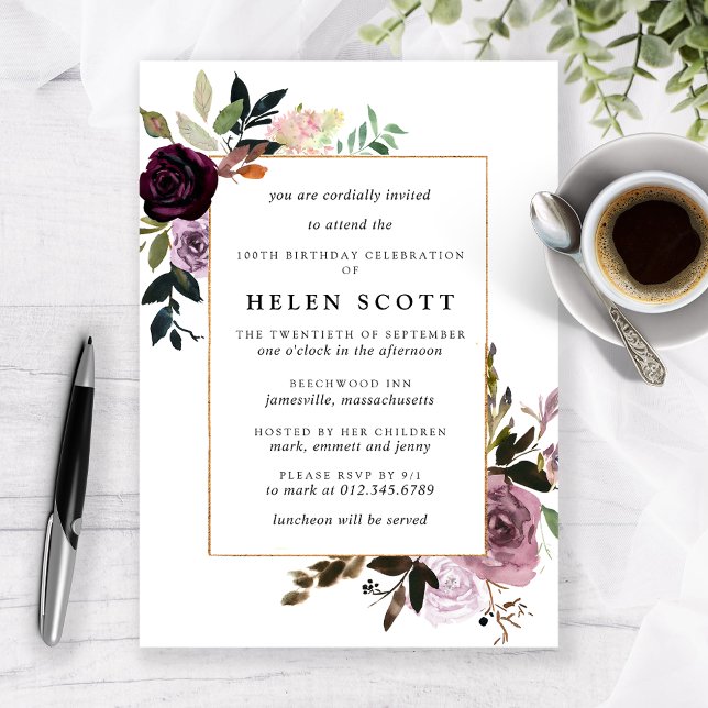 Plum Lila Mauve Rosa Blommigt 100:e födelsedagen Inbjudningar (Skapare uppladdad)