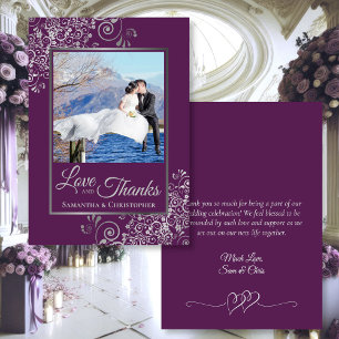 Plum Lila med Silver Curls Photo & Note Bröllop Tack Kort