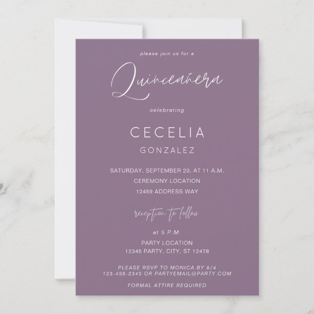 Plum Lila MOD Calligraphy Quinceanera & Ceremony Inbjudningar (Framsida)