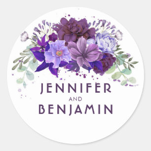 Plum Lila och Lavender Blommigt Bröllop Runt Klistermärke