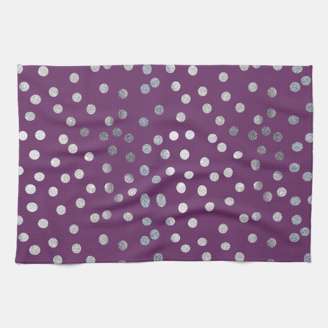Plum Lila och Silver Glitter City Dots Kökshandduk (Horisontell)