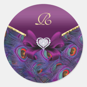Plum Lila Peacock Bröllop Gift Seal Runt Klistermärke