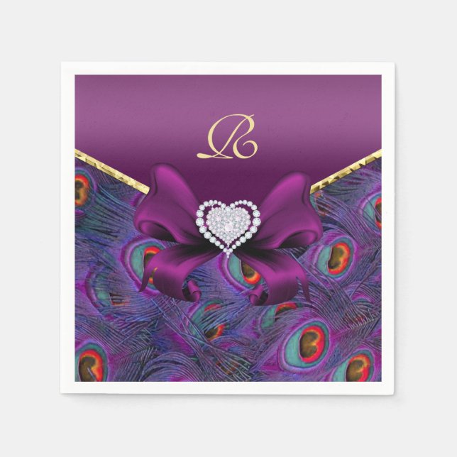 Plum Lila Peacock Bröllop Pappra Party Napkins Pappersservett (Framsidan)