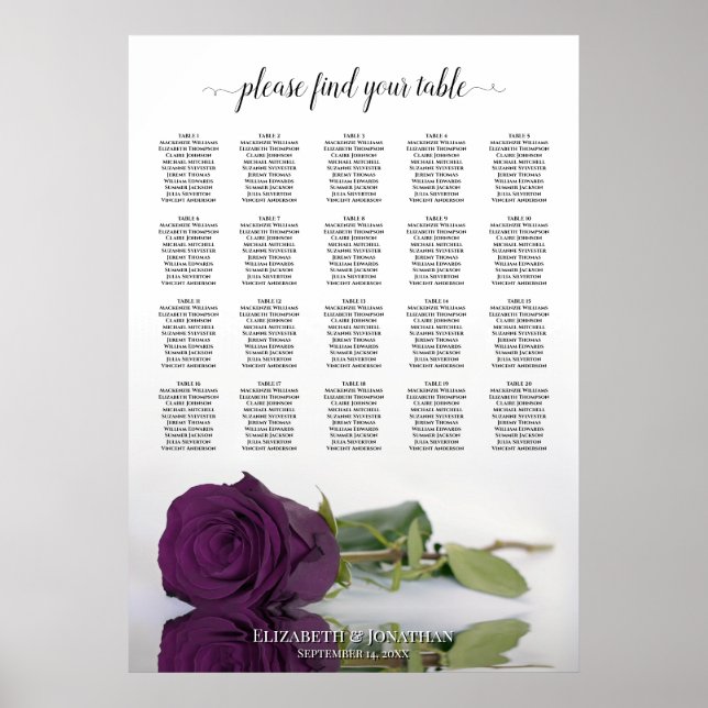 Plum Lila Ro 20-sätesdiagram över Bröllop vid Bord Poster (Framsidan)
