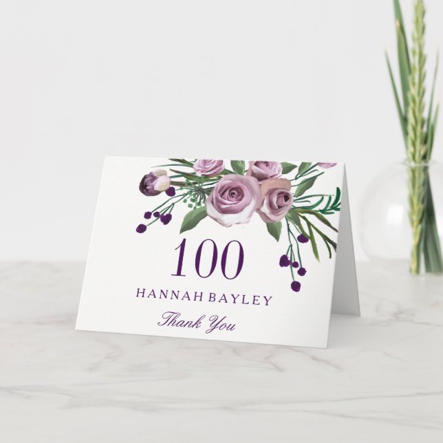 Plum Lila Ro Blommigt 100:e födelsedagen Tack (Framsida)