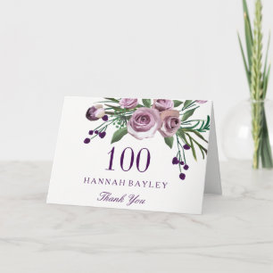 Plum Lila Ro Blommigt 100:e födelsedagen Tack Kort