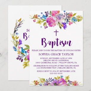 Plum Lila Rosa & Blåa blommor Baptism Inbjudningar