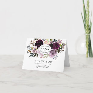 Plum Lila Rosa Blommigt 100:e födelsedag Tack Kort