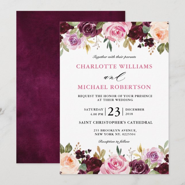 Plum Lila  Rosa Botanisk Blommigt Bröllop Inbjudningar (Fram/baksida)