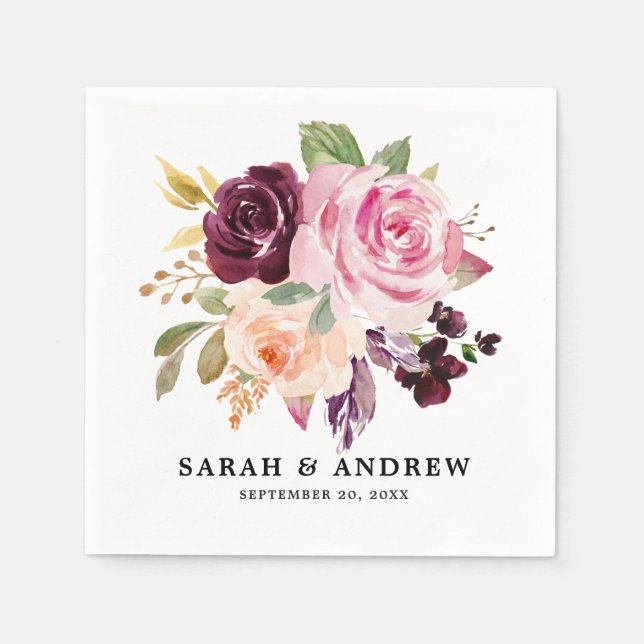Plum Lila  Rosa Botanisk Blommigt Bröllop Pappersservett (Framsidan)