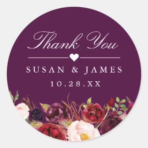 Plum Lila Rustic Blommigt Tack Wedding Favor Runt Klistermärke