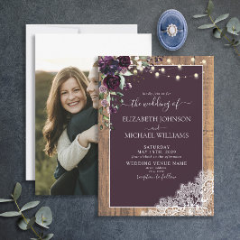 Plum Lila Rustic Wood Script Snöre Photo Bröllop Inbjudningar