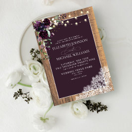 Plum Lila Rustic Wood Snöre Script Bröllop Invita Inbjudningar