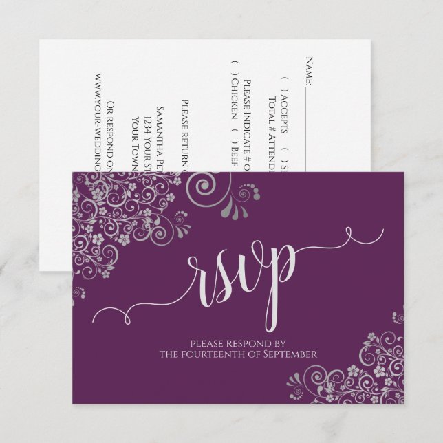 Plum Lila & Silver Elegant Calligraphy Bröllop OSA Kort (Fram/baksida)
