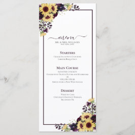 Plum Lila Solros Watercolor Bröllop Menu Meny