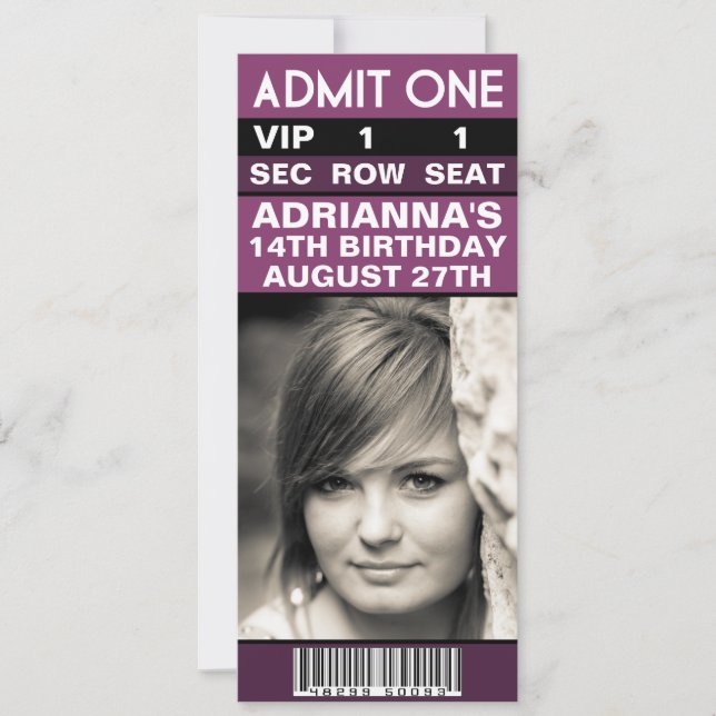 Plum Lila VIP Photo Biljett Födelsedagsfest Inbjudningar (Framsida)