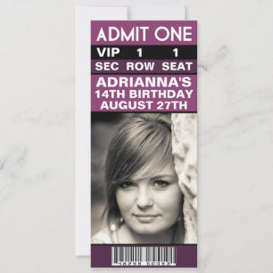 Plum Lila VIP Photo Biljett Födelsedagsfest Inbjudningar