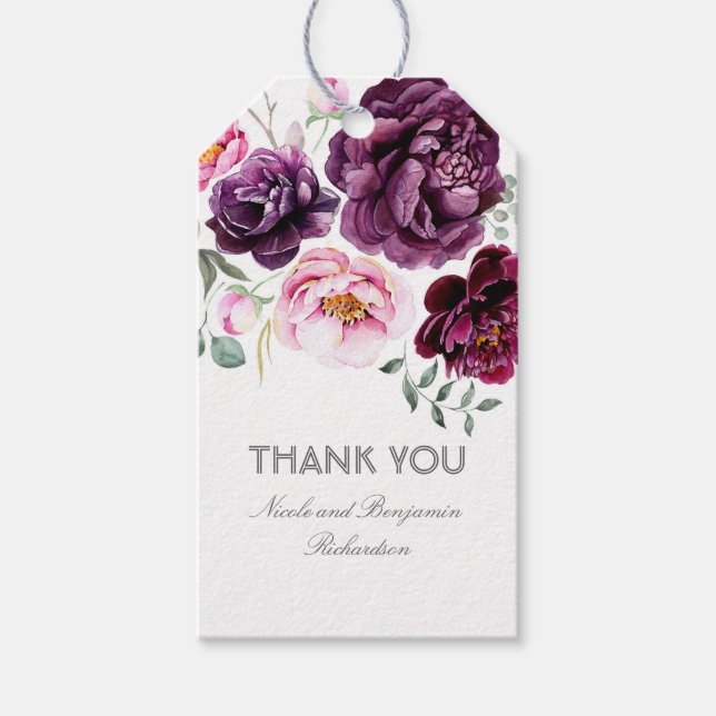 Plum Lila Watercolor Flowers Elegant Boho Presentetikett (Framsidan)