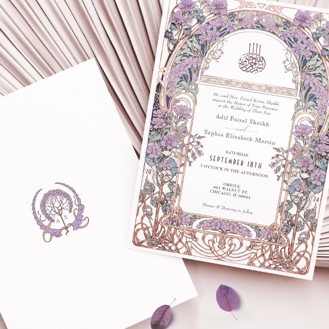 Plum Lilac Art nouveau Inspired Islamic Bröllop Inbjudningar (Skapare uppladdad)