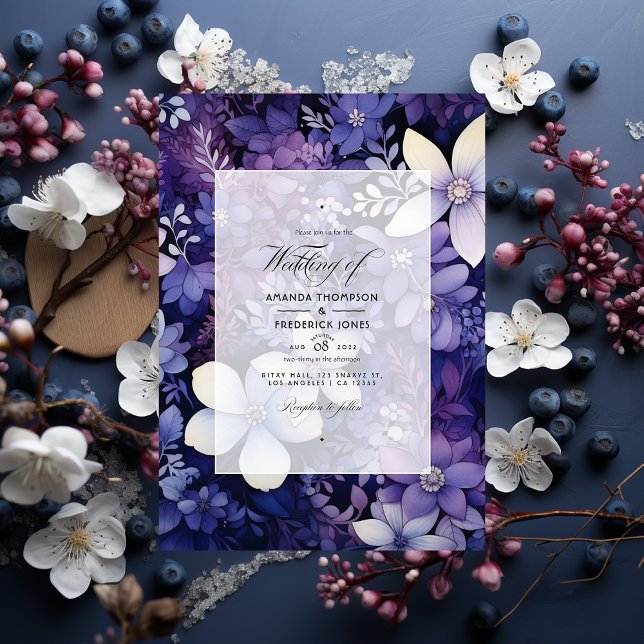 Plum, marinblått och Silver Blommigt Vinter Bröllo Inbjudningar (Skapare uppladdad)