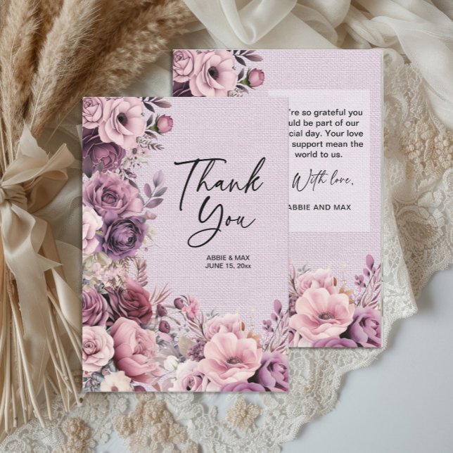 Plum Mauve Watercolor Blommigt Bröllop Tack (Elegant mauve and plum watercolor floral wedding thank you card)